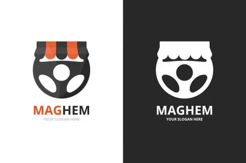 Vector car helm and shop logo combination. Steering wheel and sale symbol or Stock Illustration