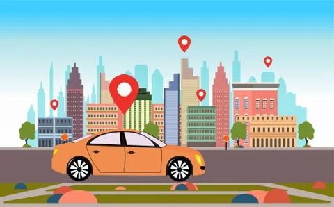 Vector of a car with location pin on a road Stock Illustration