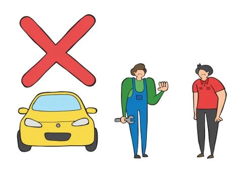 Vector car mechanic was unable to repair the car and said negatively. The cus Illustrazione stock