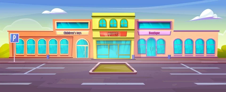 Vector car parking store building front exterior Ilustración de archivo