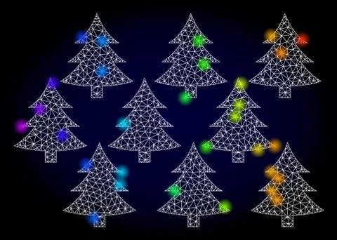 Vector Carcass Mesh Fir Forest with Rainbow Colored Light Spots Stock Illustration