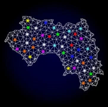 Vector Carcass Mesh Map of French Guinea with Glowing Spots for New Year Stock Illustration
