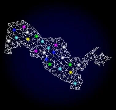 Vector Carcass Mesh Map of Uzbekistan with Glowing Spots for Christmas Stock Illustration