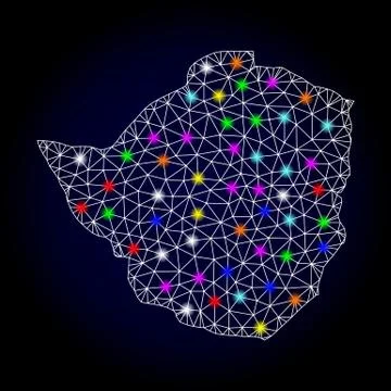 Vector Carcass Mesh Map of Zimbabwe with Light Spots for Christmas 스톡 일러스트