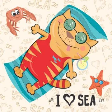 Vector card with cat on the beach Stock Illustration