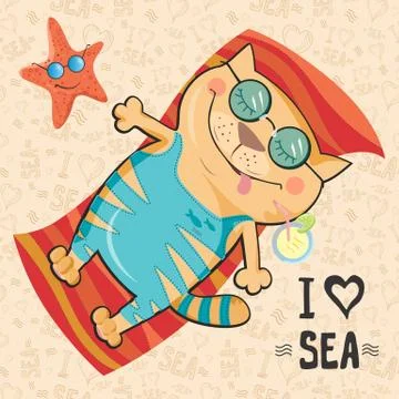 Vector card with cat on the beach Illustrazione stock