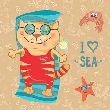 Vector card with cat on the beach Stock Illustration