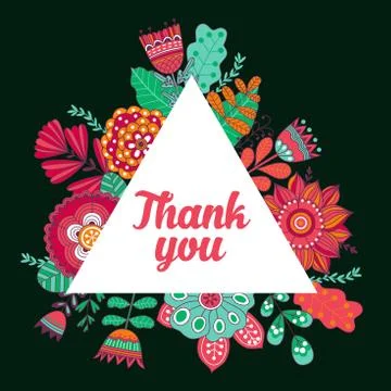 Vector card with colorful flowers in triangles frame. Stock Illustration