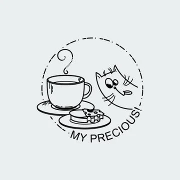 Vector card with cute cat with cup and a sandwich. Stock Illustration