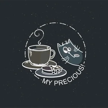 Vector card with cute cat with cup and a sandwich. Stock Illustration