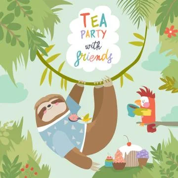 Vector card with cute sloth and little parrot Stock Illustration