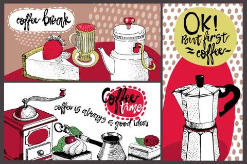 Vector card design with hand drawn coffee and dessert illustration. Decorative Stock Illustration