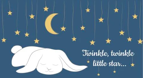 Vector Card with fairy tale landscape, cute sleeping bunny. Stock Illustration