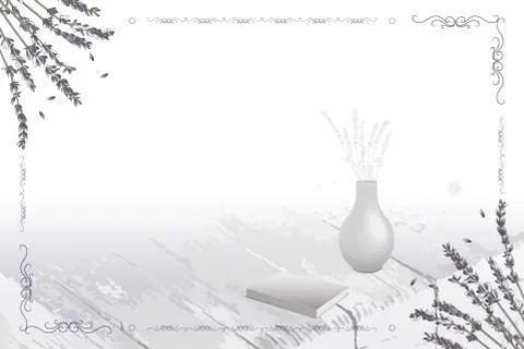 Vector card frame with lavender flowers, vase and a book Illustrazione stock