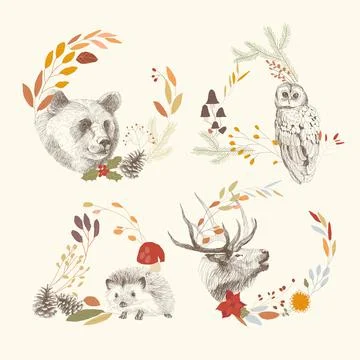 Vector Card with Hand Drawn Animals in Autumn Wreaths with Leaves and Fir Cones Stock Illustration