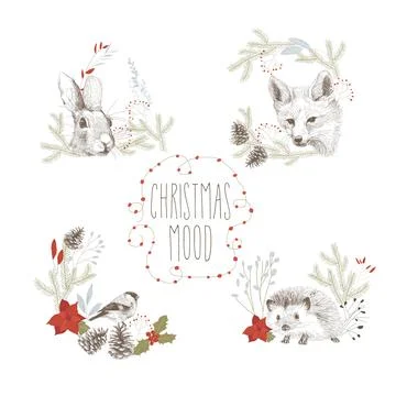 Vector Card with Hand Drawn Animals in Winter Wreaths with Spruce Branches and Stock Illustration