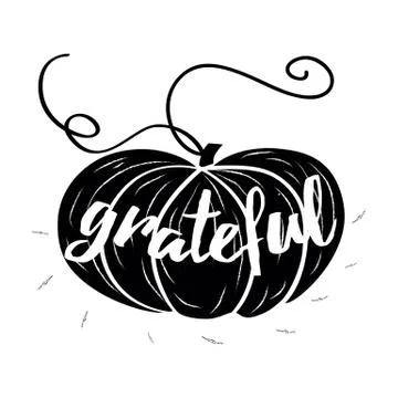 Vector card with hand drawn black pampkin and text Grateful on white backgrou Stock Illustration