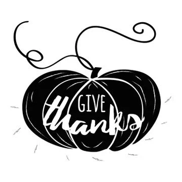 Vector card with hand drawn black pampkin and text Give Thanks on shape Print Stock Illustration