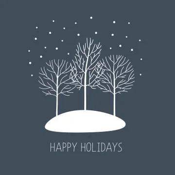 Vector card with hand drawn winter trees under the snow. Happy holidays Stock Illustration