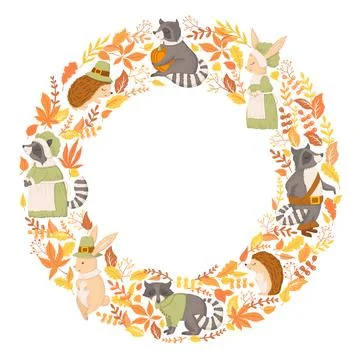 Vector card with round frame from hand drawn cute autumn animals hedgehogs,.. Stock Illustration
