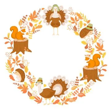 Vector card with round frame from hand drawn cute autumn animals hedgehogs,.. Stock Illustration