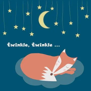 Vector Card with sleeping fox in starlight sky. Stock Illustration