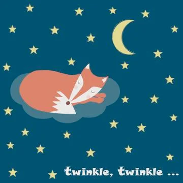 Vector Card with sleeping fox in starlight sky. Stock Illustration