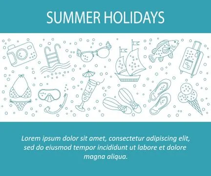Vector card with summer holiday vector line icons. Stock Illustration