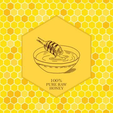 Vector card template with honey stick sketches hand drawn and seamless patter Stock Illustration
