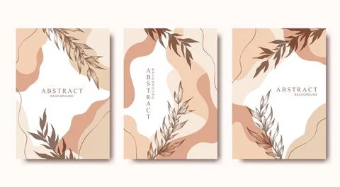 Vector card templates collection with hand drawn plants and abstract shapes i Stock Illustration