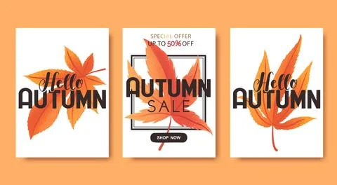 Vector card templates collection with hand drawn autumn leaves isolated on .. Stock Illustration