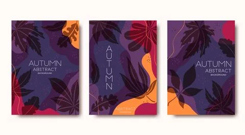 Vector card templates collection with hand drawn autumn leaves and abstract.. Stock Illustration