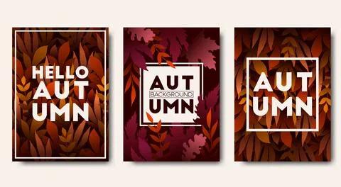 Vector card templates collection with hand drawn autumn leaves pattern back.. Illustrazione stock