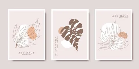 Vector card templates collection with hand drawn tropical leaves and abstra.. Stock Illustration