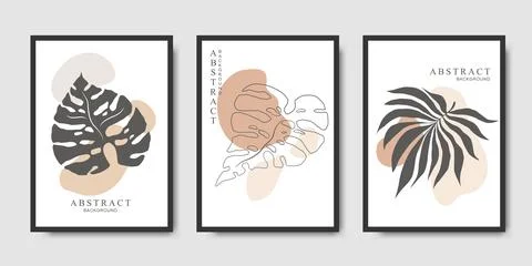 Vector card templates collection with hand drawn tropical leaves and abstra.. Stock Illustration