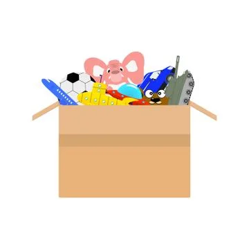 Vector cardboard box full of different kids toys Stock Illustration