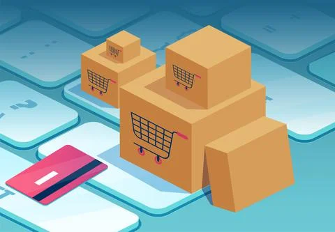Vector of cardboard boxes and credit card on a laptop keyboard Stock Illustration