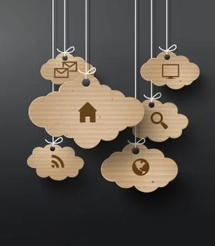 Vector cardboard graphics with cloud of application icons. 스톡 일러스트