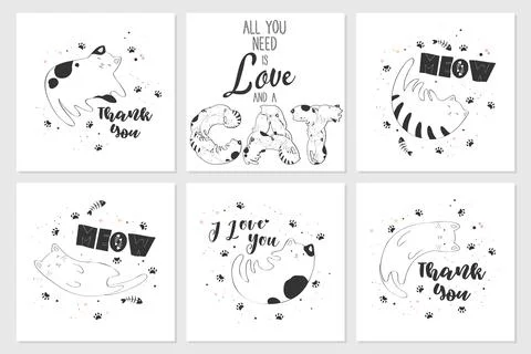 Vector cards collection with cute line art cats and hand drawn lettering isol Stock Illustration