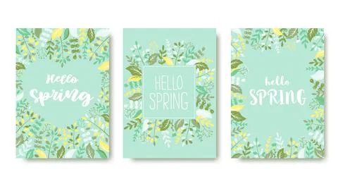 Vector cards collection with hand drawn leaves, herbs, branches and lettering Stock Illustration