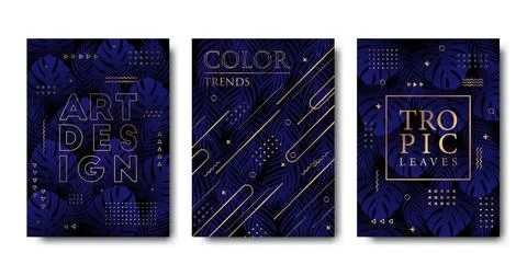 Vector cards collection with monstera, palm leaves and golden abstract geomet Stock Illustration