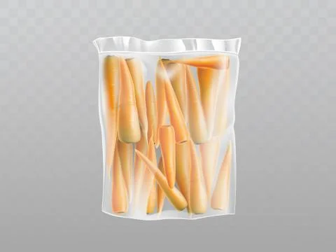 Vector carrots in plastic packing. Transparent wrapping Stock-Illustration