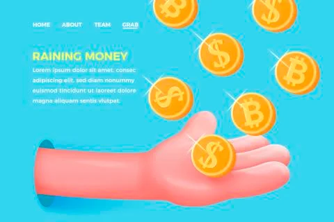 Vector cartoon 3d plastic palm catching golden dollar and bitcoin Stock Illustration