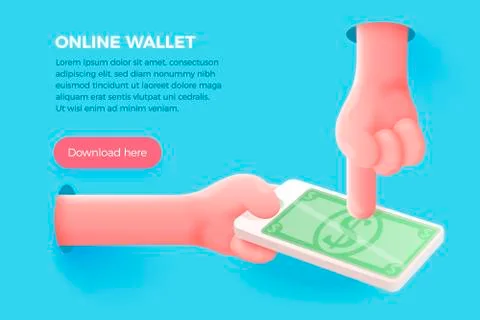 Vector cartoon 3d realistic hand holding mobile phone with dollar bill Stock Illustration