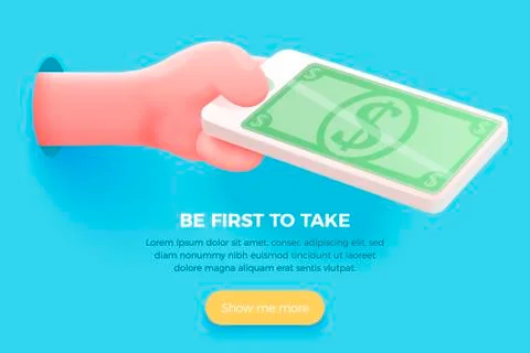 Vector cartoon 3d realistic hand holding mobile phone with dollar bill Stock Illustration