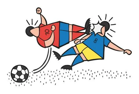 Vector cartoon aggressive soccer player man flying kick to other soccer playe Stock Illustration
