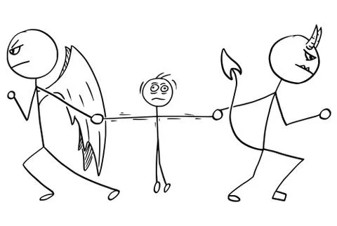 Vector Cartoon of Angel  and Devil Fighting Wrestling for Man Stockillustratie
