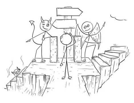 Vector Cartoon of Angel and Devil Showing Man Two Ways to Hell And Heaven wit Stock Illustration