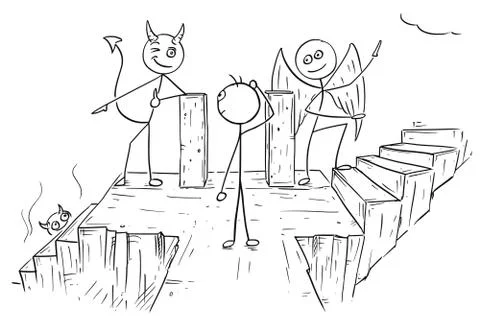 Vector Cartoon of Angel and Devil Showing Man Two Ways to Hell And Heaven Stock Illustration