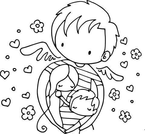 Vector cartoon angle boy hug mother and son black and white Stock Illustration